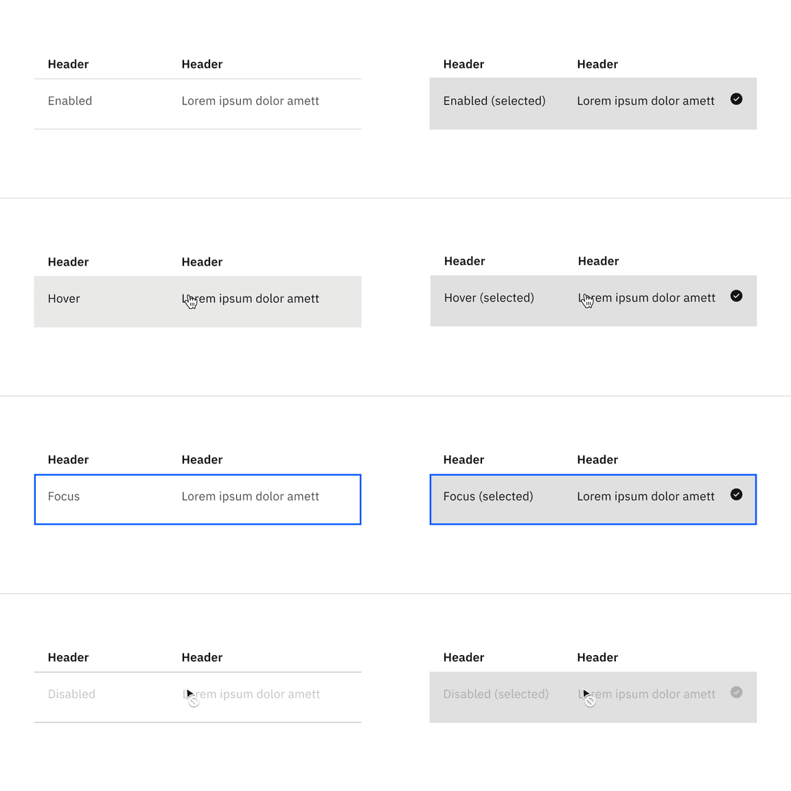 Selectable structured list interactive states with feature flag disabled